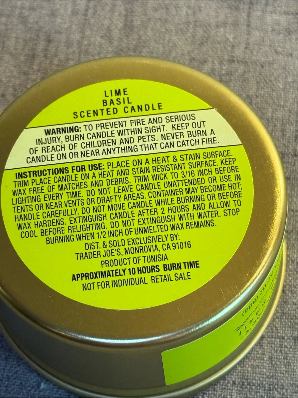 Trader Joe's Lime‎ Basil scented candle, 2.8 oz. Burns up to 10 hours.